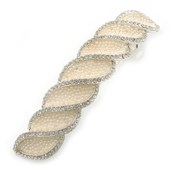 Bridal Wedding Prom Silver Tone Pearl Diamante Hair Clip Grip 85mm main image 4